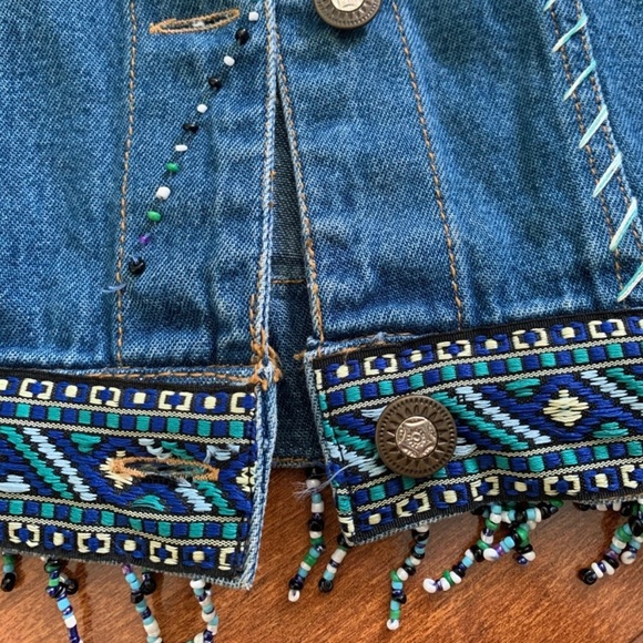 Vintage Beaded Denim Vest with Aztec Embroidered Trim - Picture 4 of 10